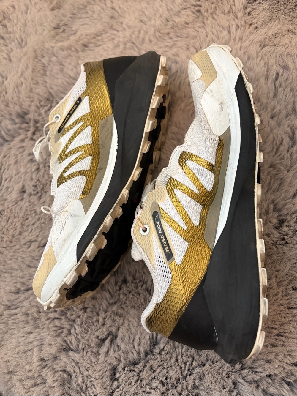 Salomon White and Gold Sense Ride 3 Quicklace Running Shoes Sneakers